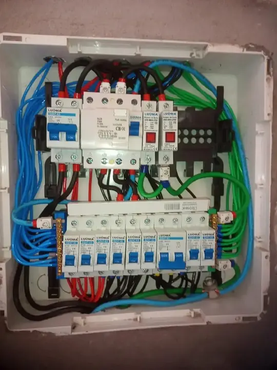 Interior de quadro elétrico com fiação organizada por cores